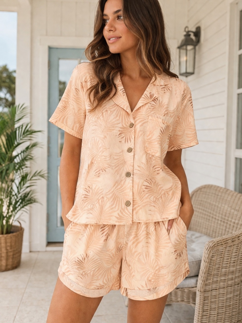 Faherty Peach Palm Linen Lounge Set Resort Vacation Coastal Chic